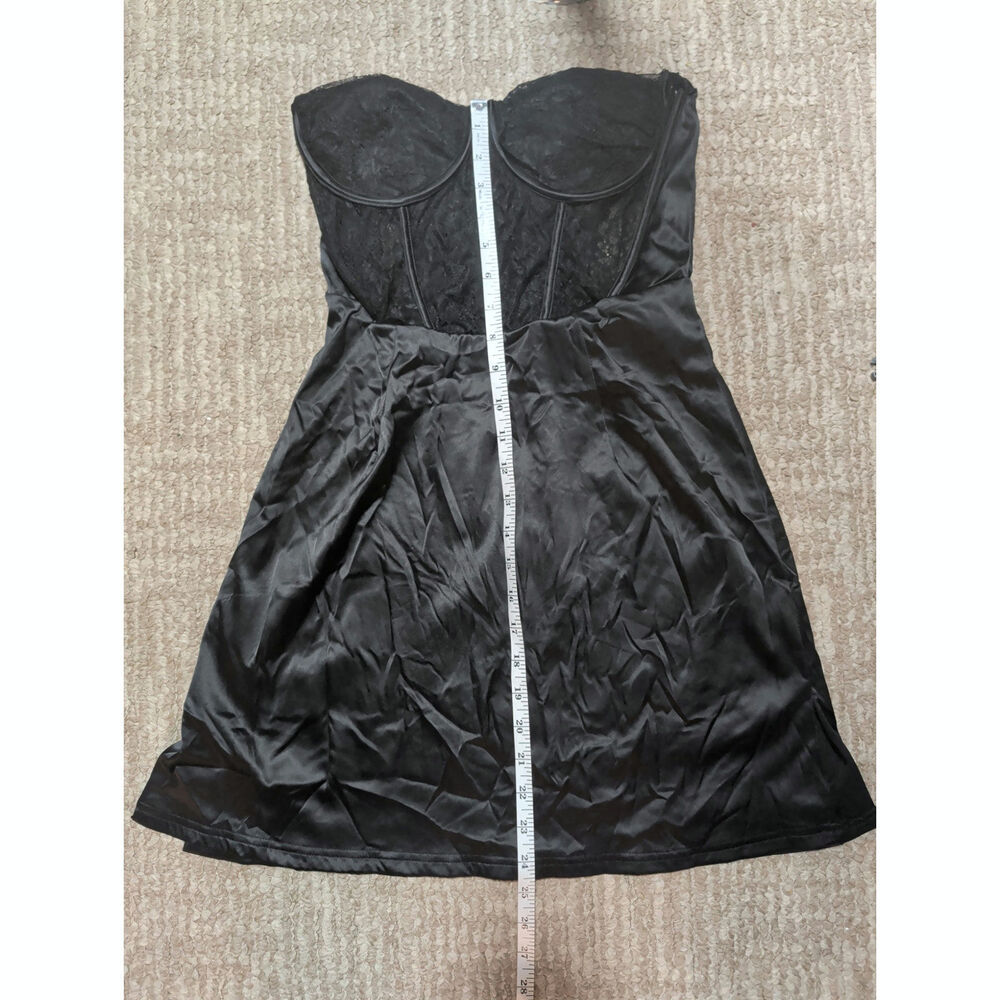 black strapless dress with a lace bustier top and a satin-finish skirt size M